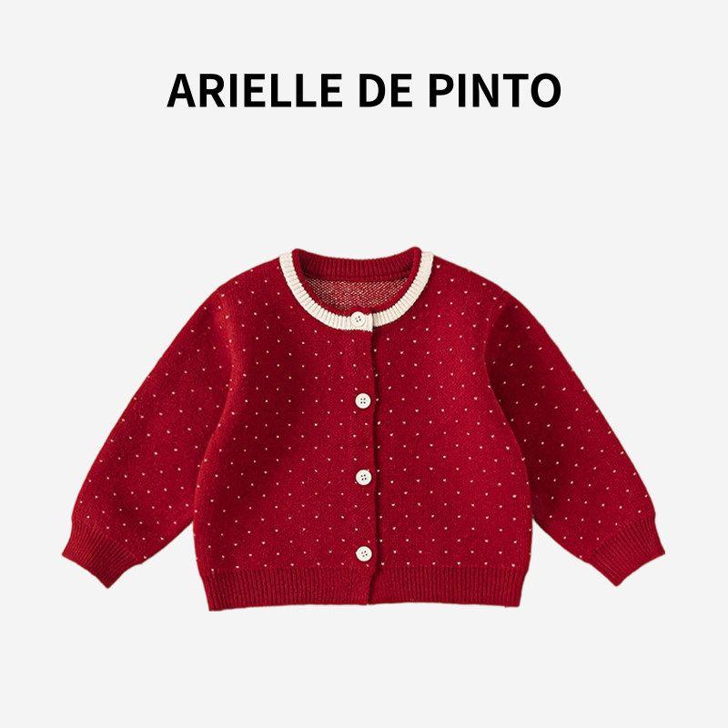 French Arielle De Pinto Girls  Spring, Autumn, and Winter Sweater Versatile Knitwear Heart Polka Dot Cardigan Jacket Red 140