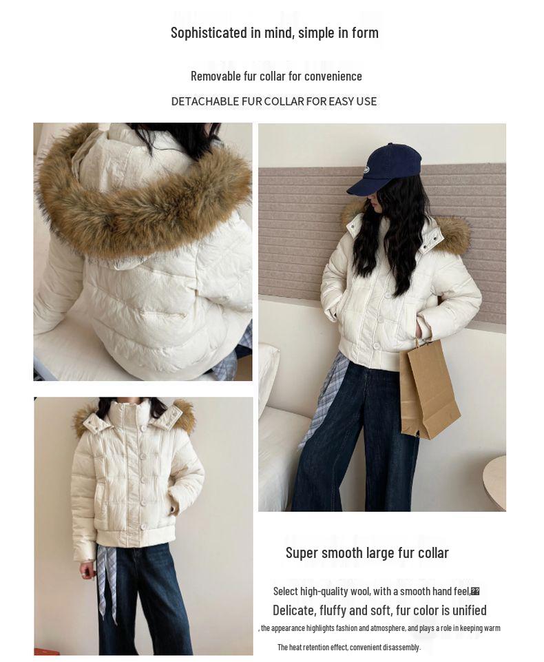 Women's Navy Blue Hooded Cotton Coat with Faux Fur Collar - Warm Winter Short Jacket