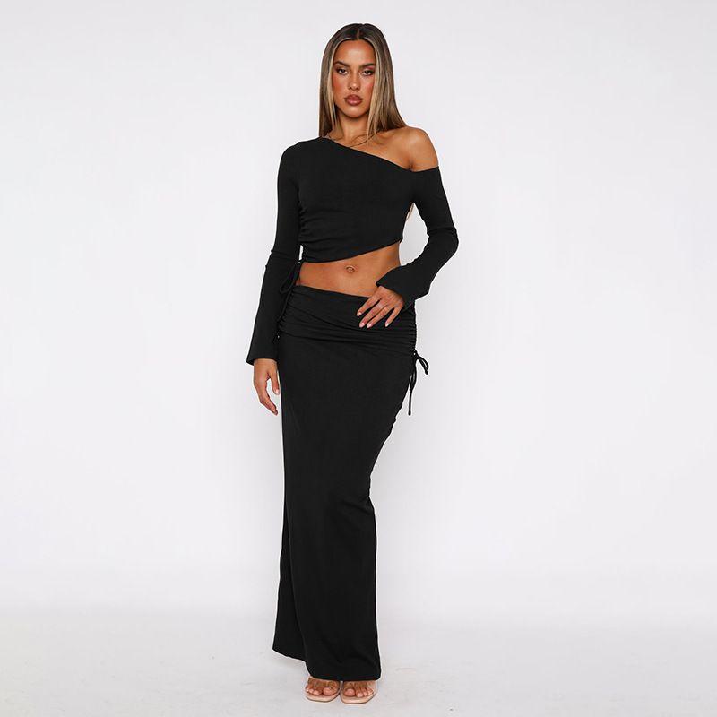 European and American Women's Clothing Cross-Border New Arrival Temperament Pure Color One Shoulder Midriff-Baring Top Slim Skirt Two-piece Set Pack