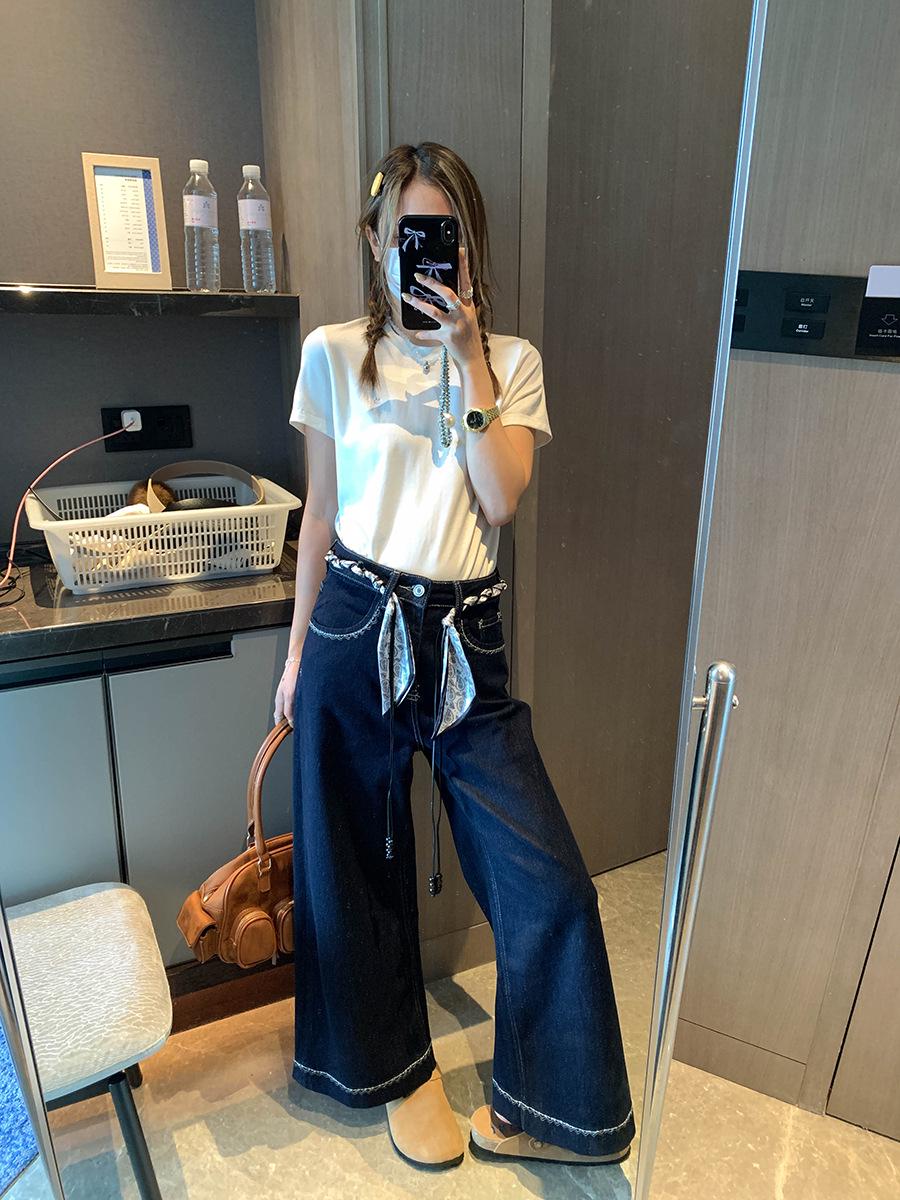 

Moqie High-Waist Straight Leg Jeans with Scarf Belt & Lace Contrast Stitching - MQ0790 S синий