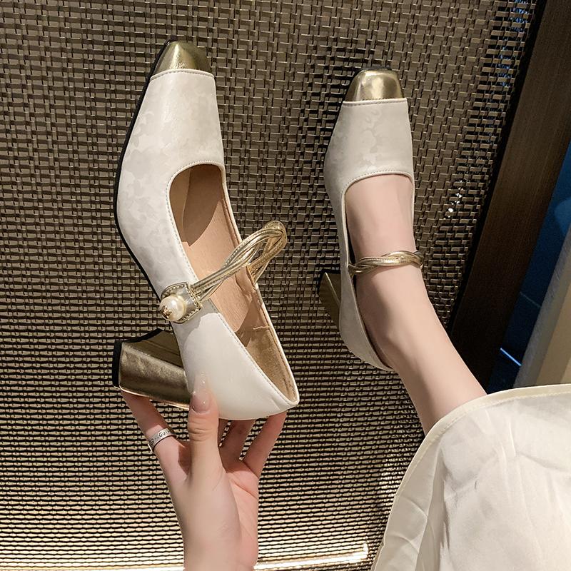 2025 Spring and Autumn New Square Head High Heels with Bold Heels, Green Women's Shoes, French Velcro Strap Women's Shoes