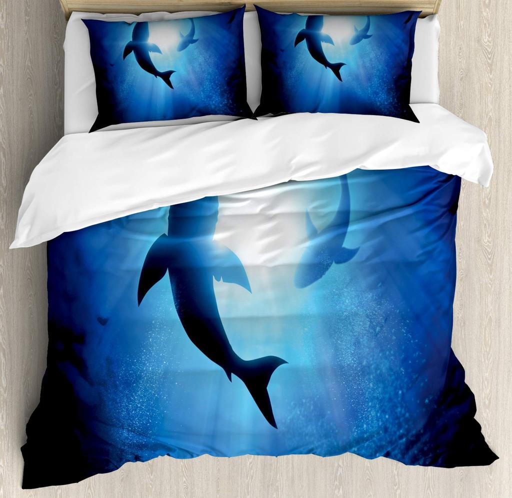 Deep Sea Shark Duvet Cover Set Black Shark Bedding Sets Underwater World Ocean Life Comforter Cover Set For Boys Men Queen Size