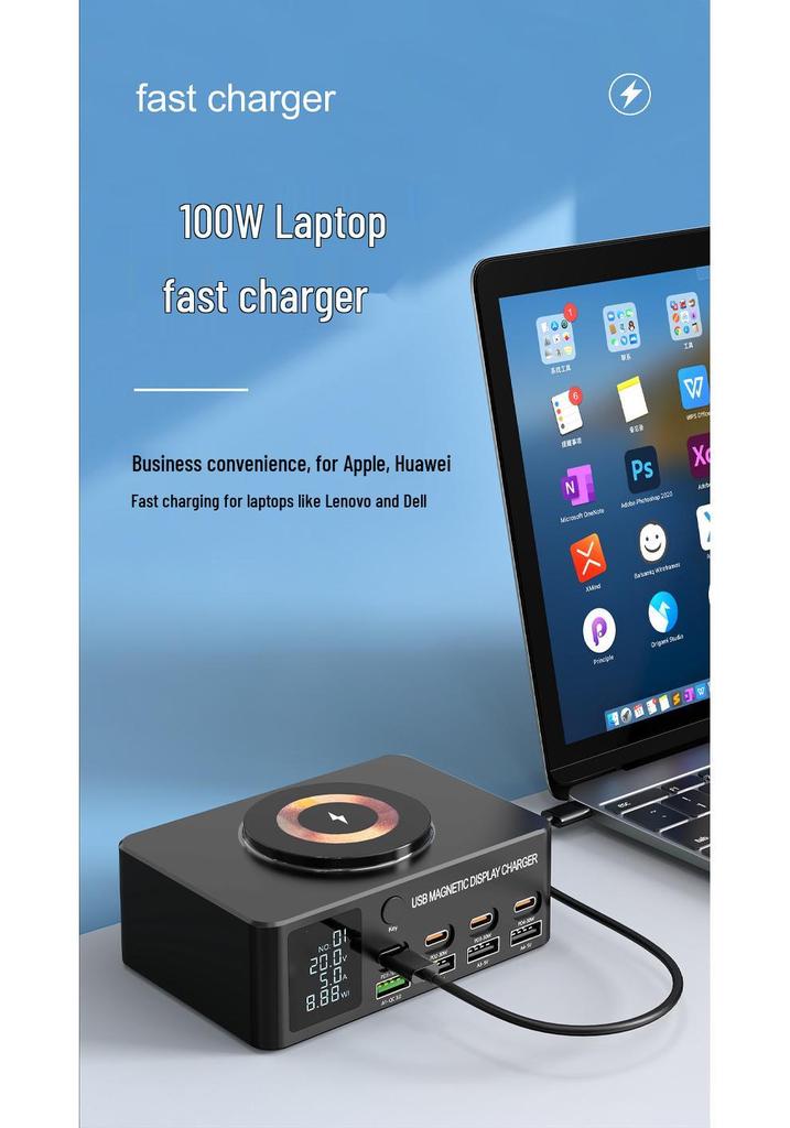 140W Multi-Port Desktop Charger with PD100W Fast Charging, Digital Display & Magnetic Wireless Charging for Phones and Laptops.