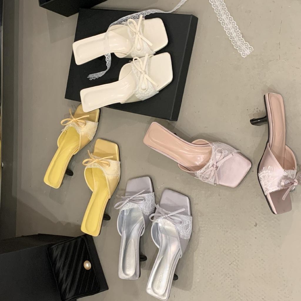 French Niche Bag Head Sandals Gentle Bow Pointed High Heels Lace Pure Desire Satin Stiletto Empty Shoes