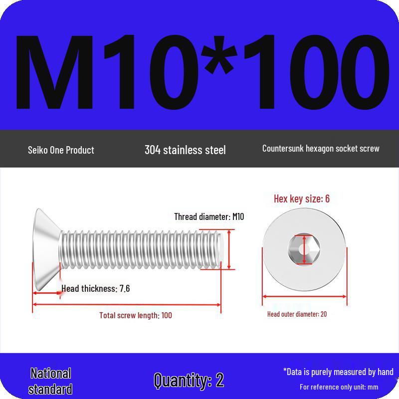 M2-M10 Stainless Steel Flat Head Machine Screws and Bolts Set, Countersunk Hex Socket Cap, 304 Grade.