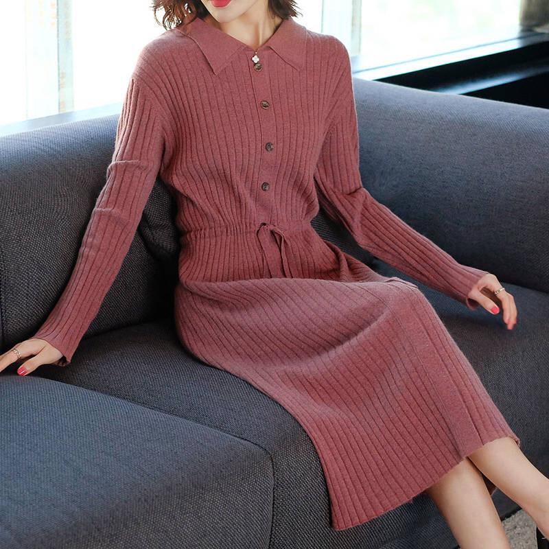 Robe tricotée à manches longues pour femme, nouveau design, automne hiver, col rabattu, boutons, robes Slim
