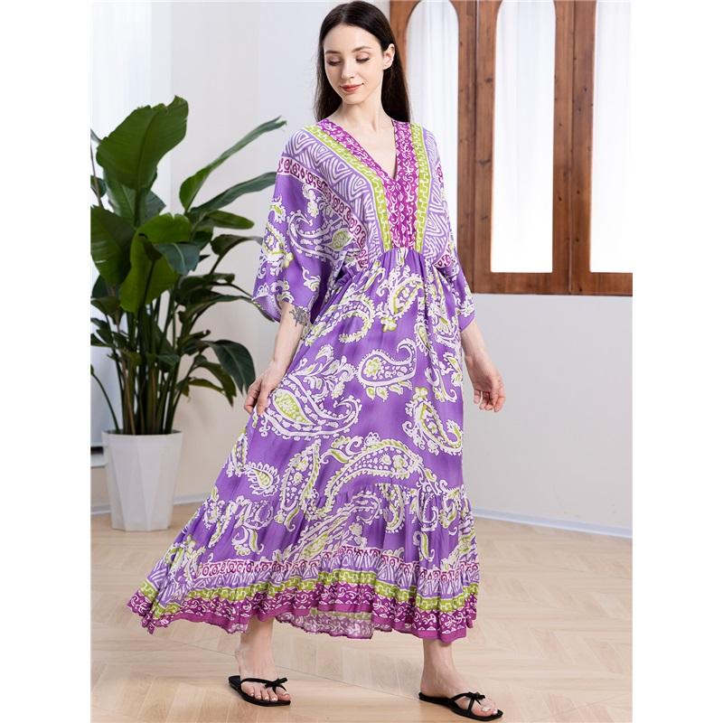European And American Summer Ladies Floral Dress Loose A-line Printed Long Skirt Beach Blouse Holiday Style