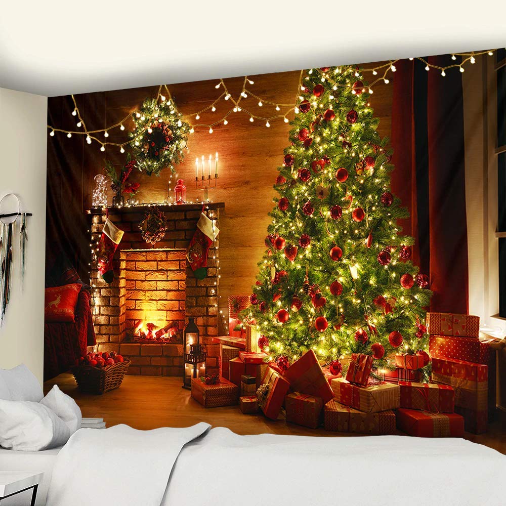 Merry Christmas Tapestry Winter Fireplace Tapestry Christmas Tree Gifts Wall Hanging Home Living Room Bedroom Dorm Tapestries