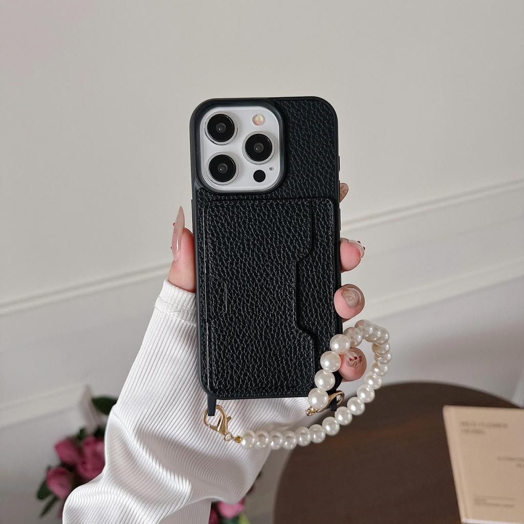 Skórzany Pasek na Nadgarstek z Koralikami z Etui na Telefon z Uchwytem na Karty dla IPhone 15 14 13 12 11 Pro Max 15 14 Plus Ochronne Wstrząsoodporne Etui