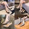 2025 summer patent leather pointed tip thin heel sequined bag head empty word with high heel sandals female temperament single shoes