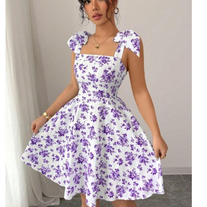 

Маленькое милое модное платье-сарафан А-силуэта с цветочным принтом, открытыми плечами, открытой спиной, эластичной талией, шнуровкой и без рукавов Purple L
