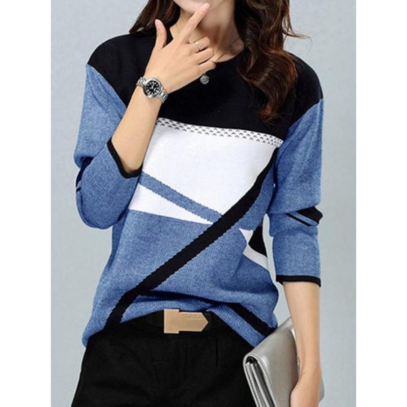 Women‘s Round Neck Long Sleeve Loose Fit T-Shirt Colorblock Print Plus Top