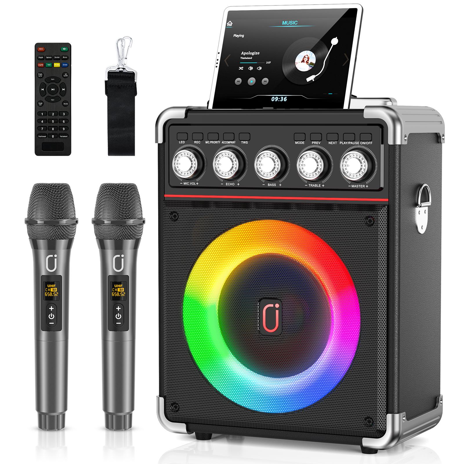 

Karaoke Machine with 2 Microphones: HWWR Portable Karaoke Machine for Adults Kids, Party Bluetooth Speaker with Bass/Treble Adjustment