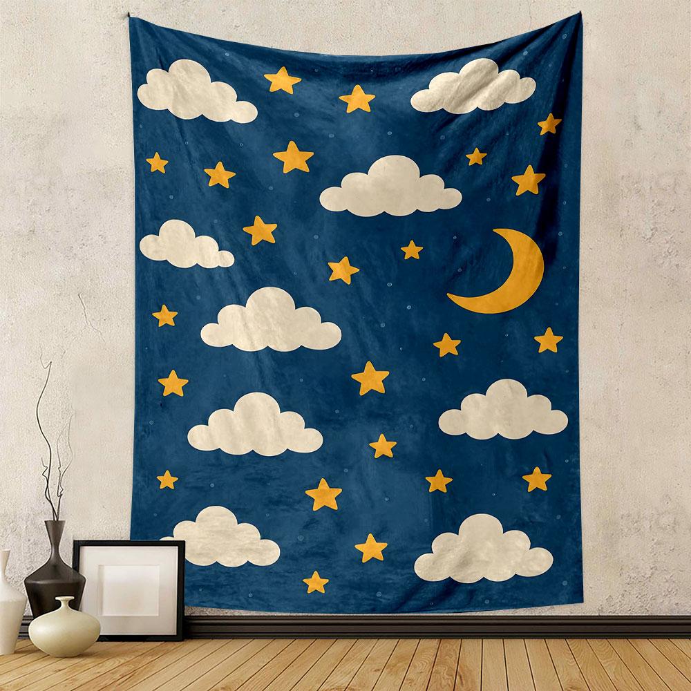 Clouds, Stars, and Moon Night Design Patterned Tapestry Decorative Wall Hanging, Home Bedroom Living Room Decor