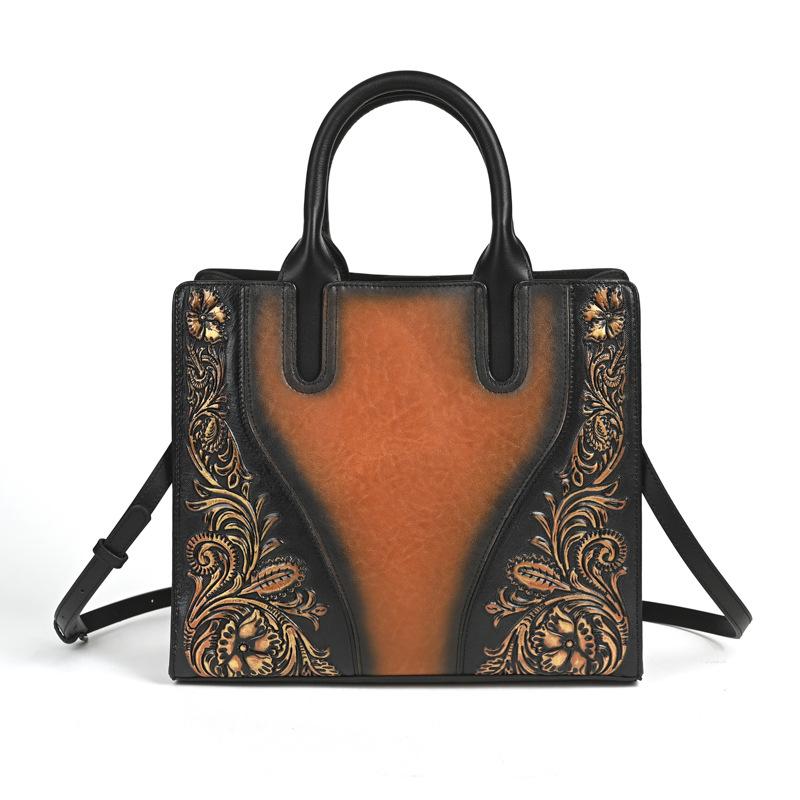 Johnature Genuine Leather Women's Handbag Retro Embossed Large Capacity Shoulder Crossbody Bags