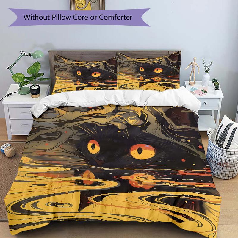 

3pcs Creative Black Cat Art Printed Quilt Set - Includes 1 Quilt Cover and 2 Pillowcases, Machine Washable - Suitable for All Seasons.M037 135x200cm