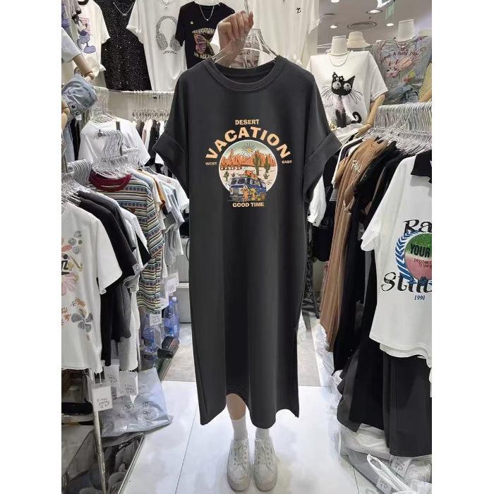 Vară Nouă Rochie Tricou cu Mânecă Scurtă Imprimată pentru Femei, Stil Coreean Larg și Casual Mărimi Mari Rochie cu Mâneci Fluture Rochie Lungă