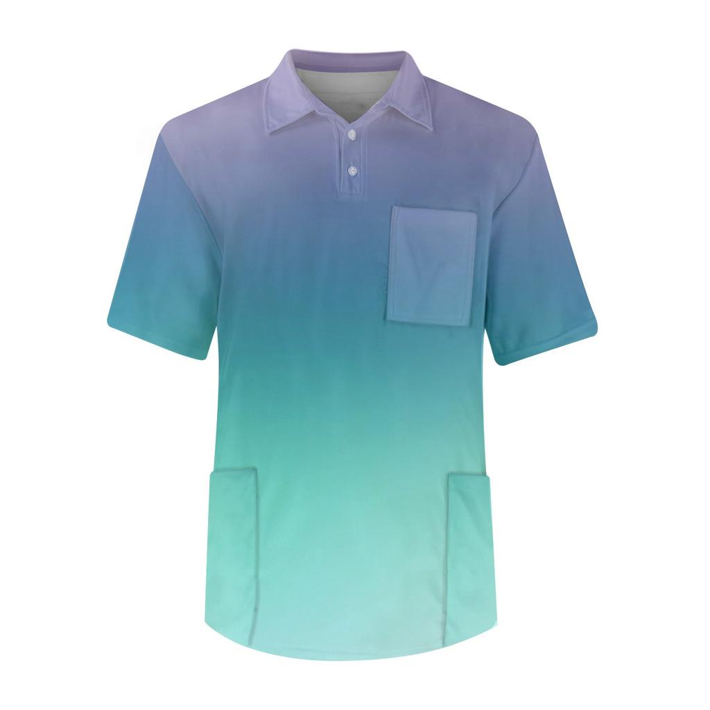 Men's Short Sleeve Button Lapel Gradient Printing Chest Pocket Dry-nurse Top