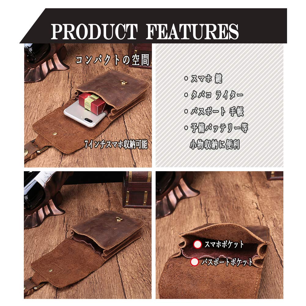 Handmade Genuine Leather Waist Belt Smartphone Thick Cowhide Retro Vertical Holds Small Smartphone Carabiner Included Men's Bag, Pouch, Pouch,