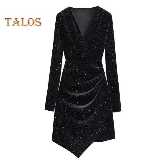 

Женское короткое платье с V-образным вырезом, длинными рукавами, плиссированное, чистого цвета, облегающее, с неровным подолом, мини-платье для выпускного вечера, вечерних мероприятий S чёрный