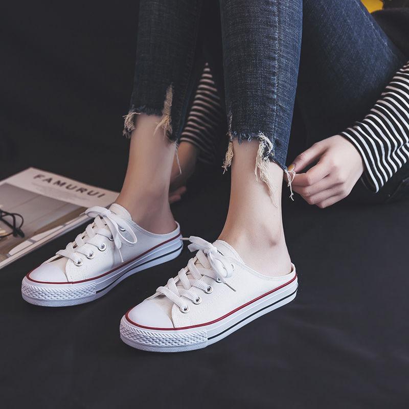Half-drag Canvas Shoes Women Without Heels and One Pedal Summer Lazy Shoes Summer New Student Versatile Board Shoes