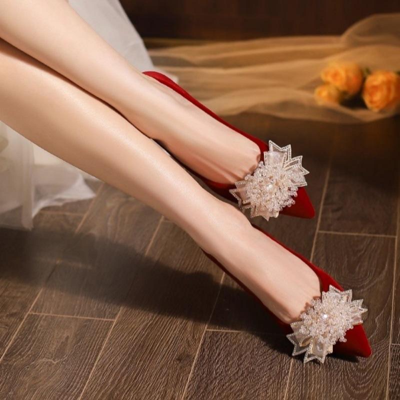 French rhinestone flower wedding shoes women's 2025 new fine flash wine glass and high heels wedding dress Xiuhe two wear crystal shoes