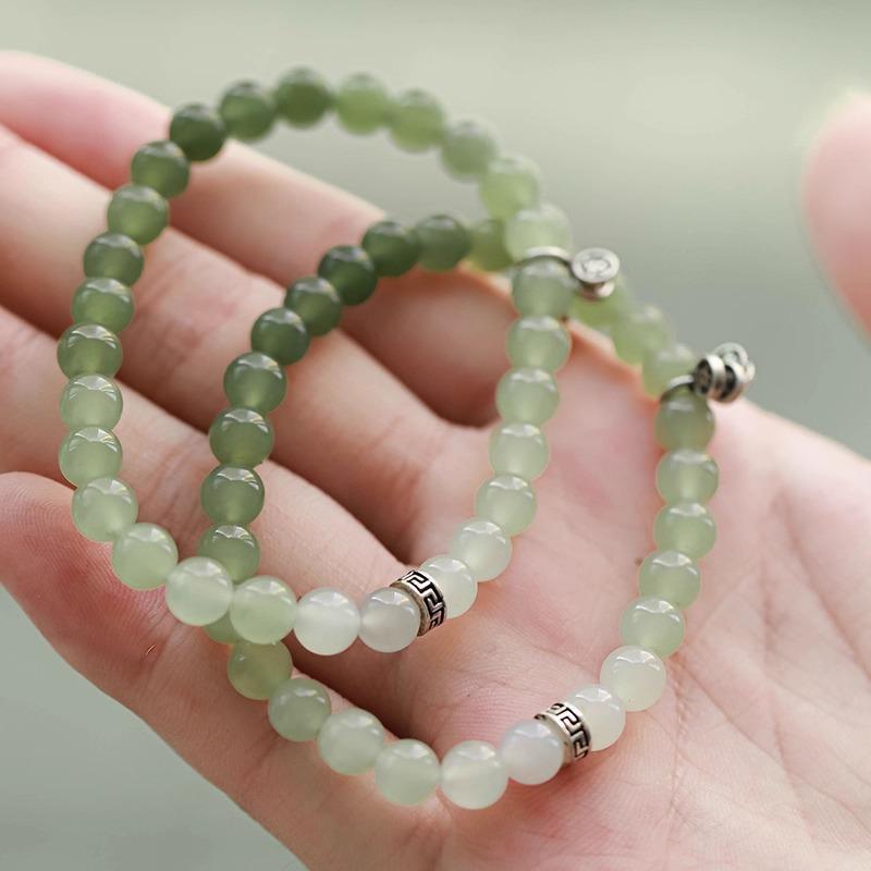 Natural Hetian Jade Gradient Bracelet In Blue and White, New Chinese Style, Artistic Retro Design, "Peace Every Year" Pure Silver Fortune Charm