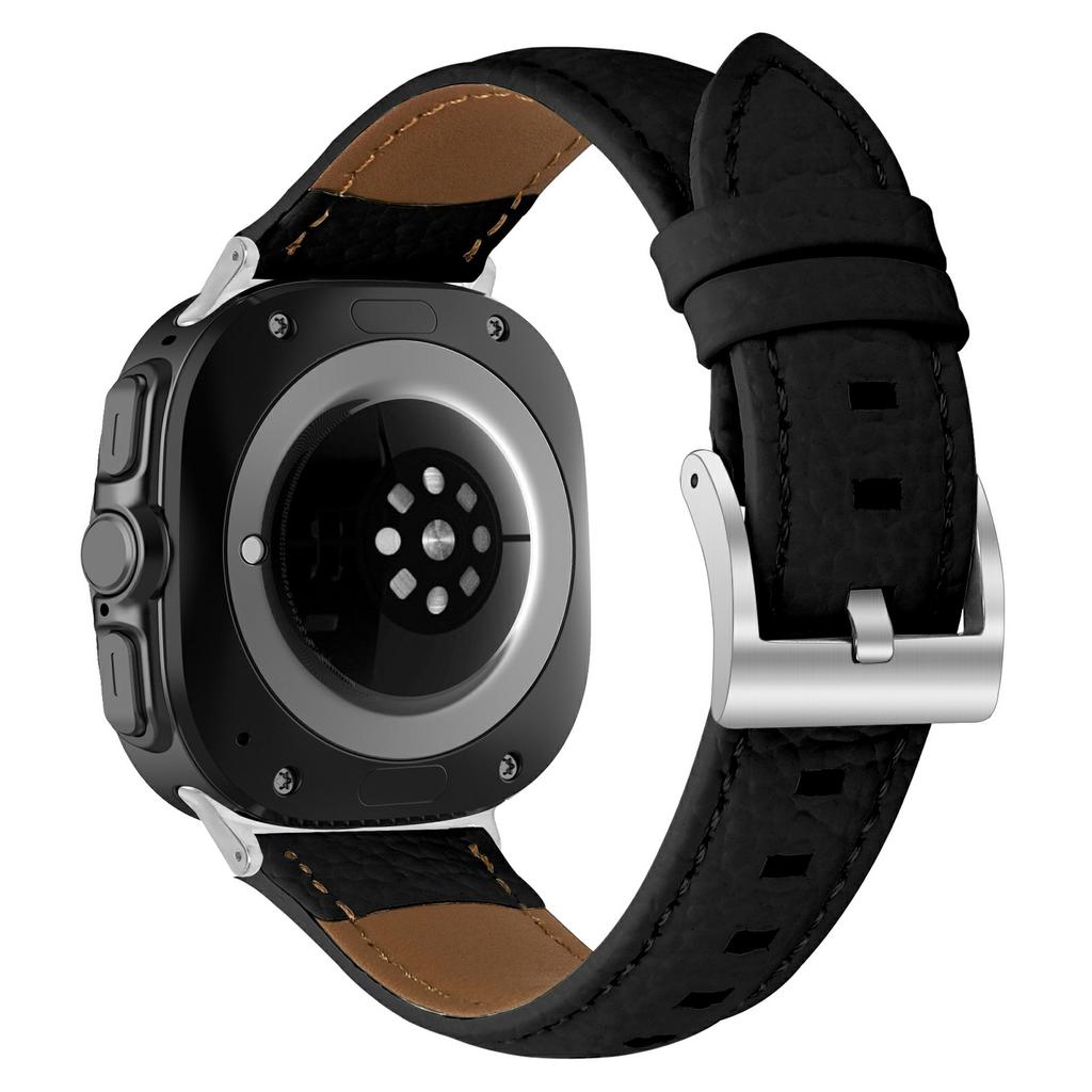 For Samsung Galaxy Watch Ultra (2025) 47mm/Watch Ultra 47mm Litchi Texture Genuine Cow Leather Strap Pointed-End Watch Band with Silver Buckle