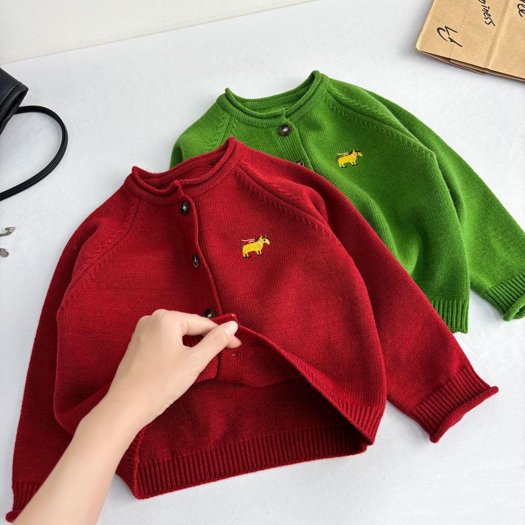 2025 Christmas Red Year of the Horse Unisex Kid's Knit Cardigan: Stylish Winter Outerwear