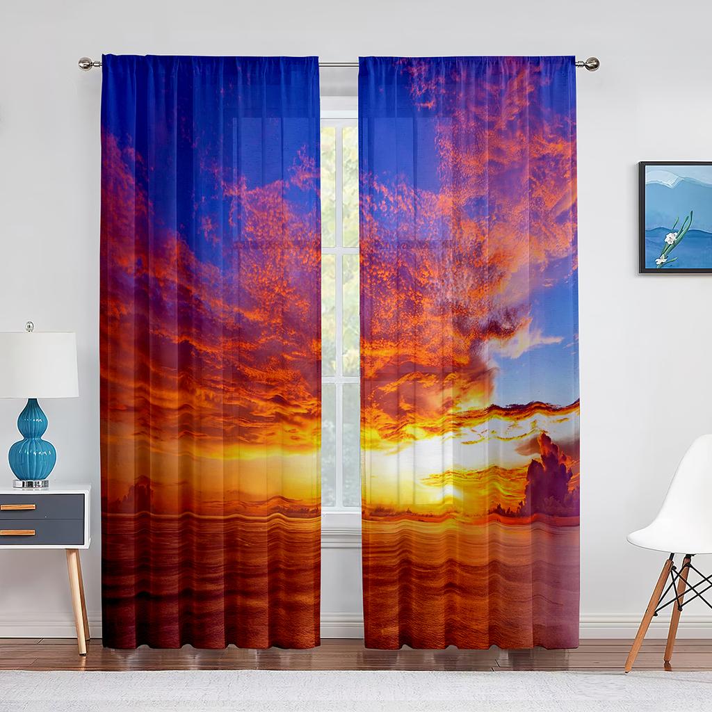Beach Ocean Tropical Landscape Sheer Voile Curtain Hawaiian Sunset Sea Waves Tulle Curtain for Living Room Bedroom Kitchen Decor