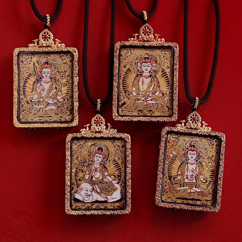 Qinghai Thangka Pendant: Eight Protectors Series, Semi-Hand-Painted Double-Sided Amulet with Guardian Deity.