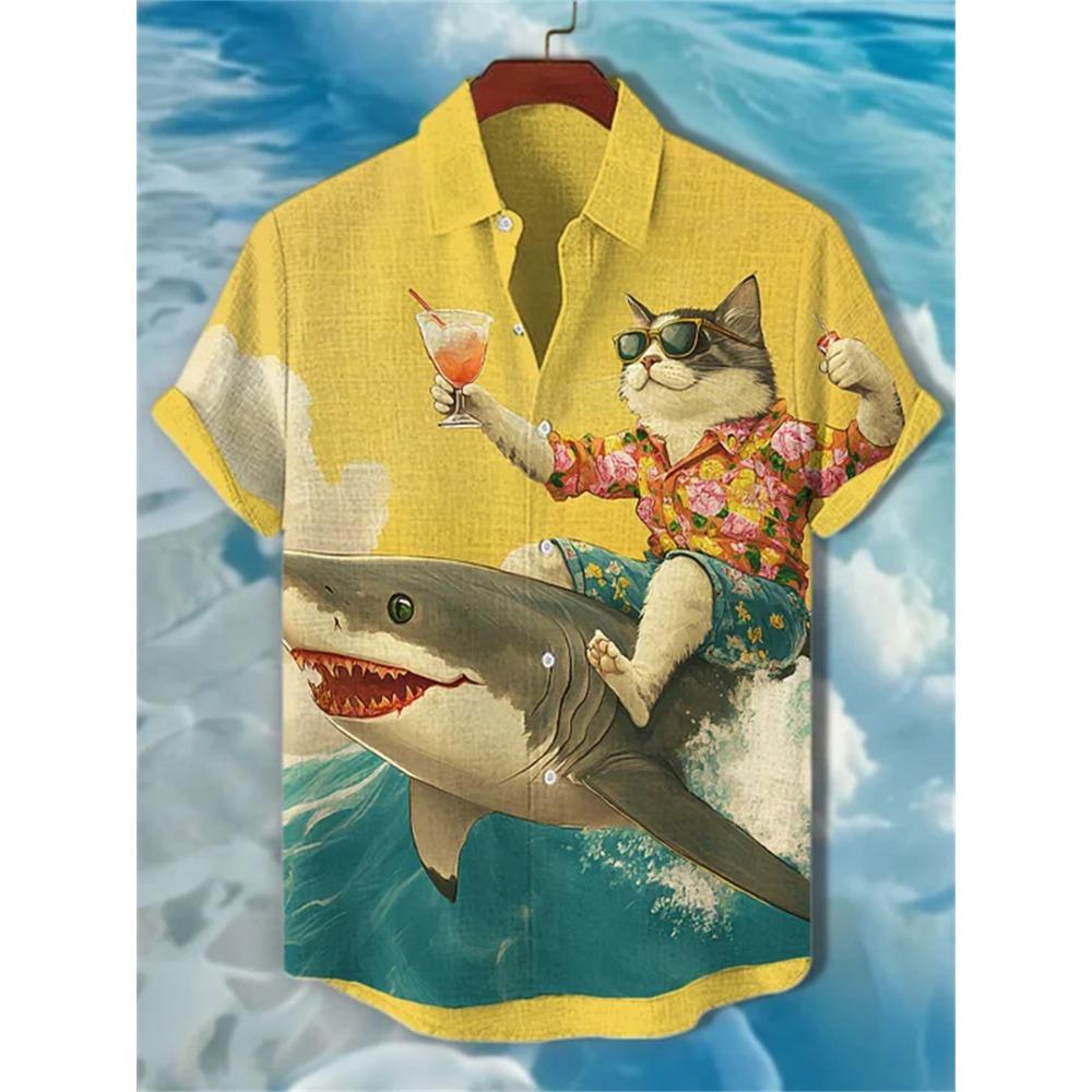 Men s Short-sleeved Shirt, Summer Hawaiian Style, Funny Cat Riding a Shark Print Casual Top, Trendy Beach Hawaiian Shirt. S
