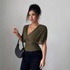 Fashionable and Stylish Lady's Pure Color Deep V-neck Short Puff Sleeves Fitted Waist Blouse