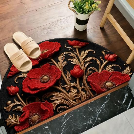 Floral Doormat Absorbent Half Round Floor Mat Non-Slip Door Mat Decorative Entrance Rug for Living Room Bathroom Kitchen