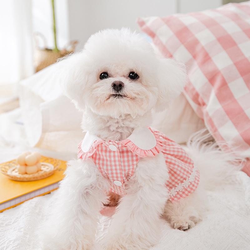 Spring Summer Doll Collar Cherry Embroidery Puppy Dog Dress Princess Wind Cat Skirt Pet Two-legged Dog Dress