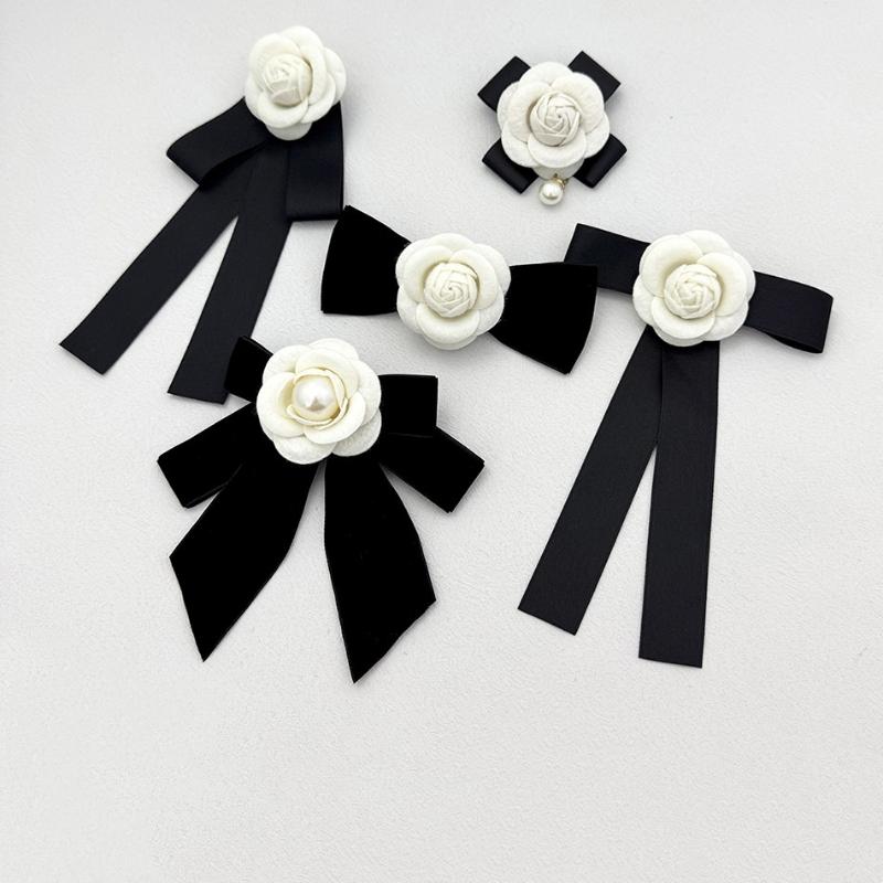 Retro Black Bow Brooches For Women Fabric Camellia Flower Pearl Shirt Collar Pins Corsage Clothing Accessories Jewelry Gifts