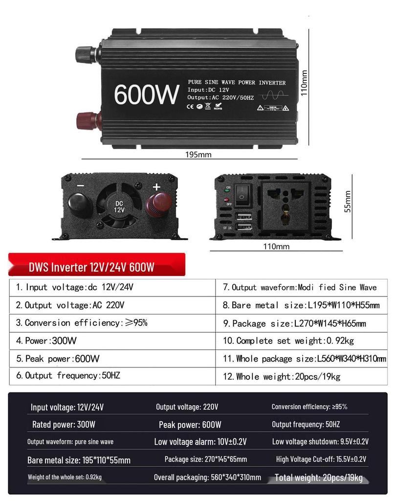 1500W Pure Sine Wave Inverter, 12V/24V to 220V for Car and Home