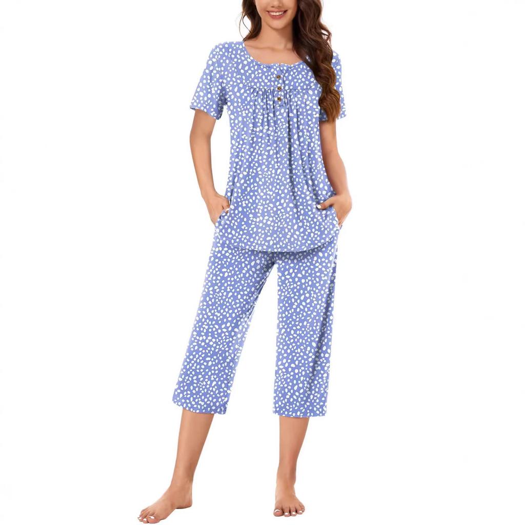 Damen Kurzarm Loungewear Set Bedrucktes Pyjama Set Lässige Nachtwäsche Sommer