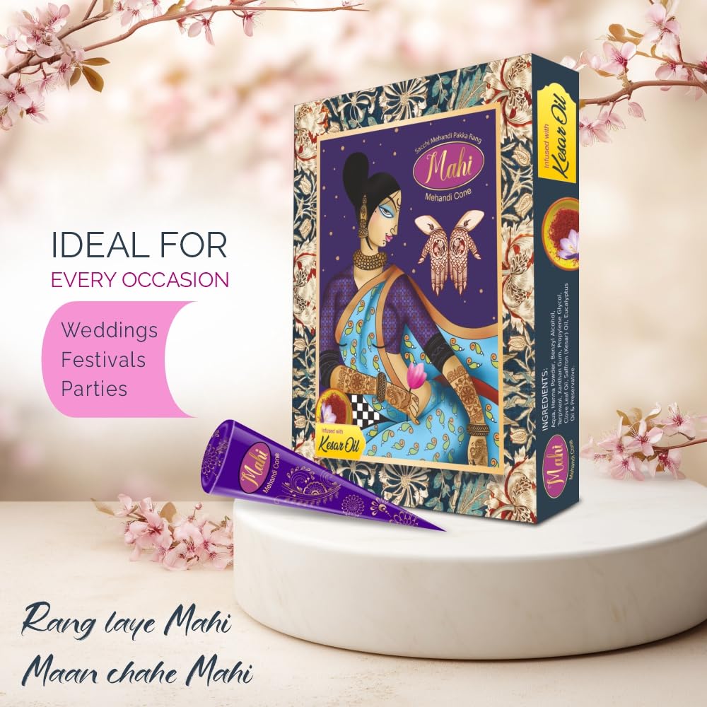 Mahi Mehandi Kegelpackung 1 Stück ( 25g X 12 Kegel) Mit Safranöl für langanhaltende dunkle Henna-Tattoo-Kunst