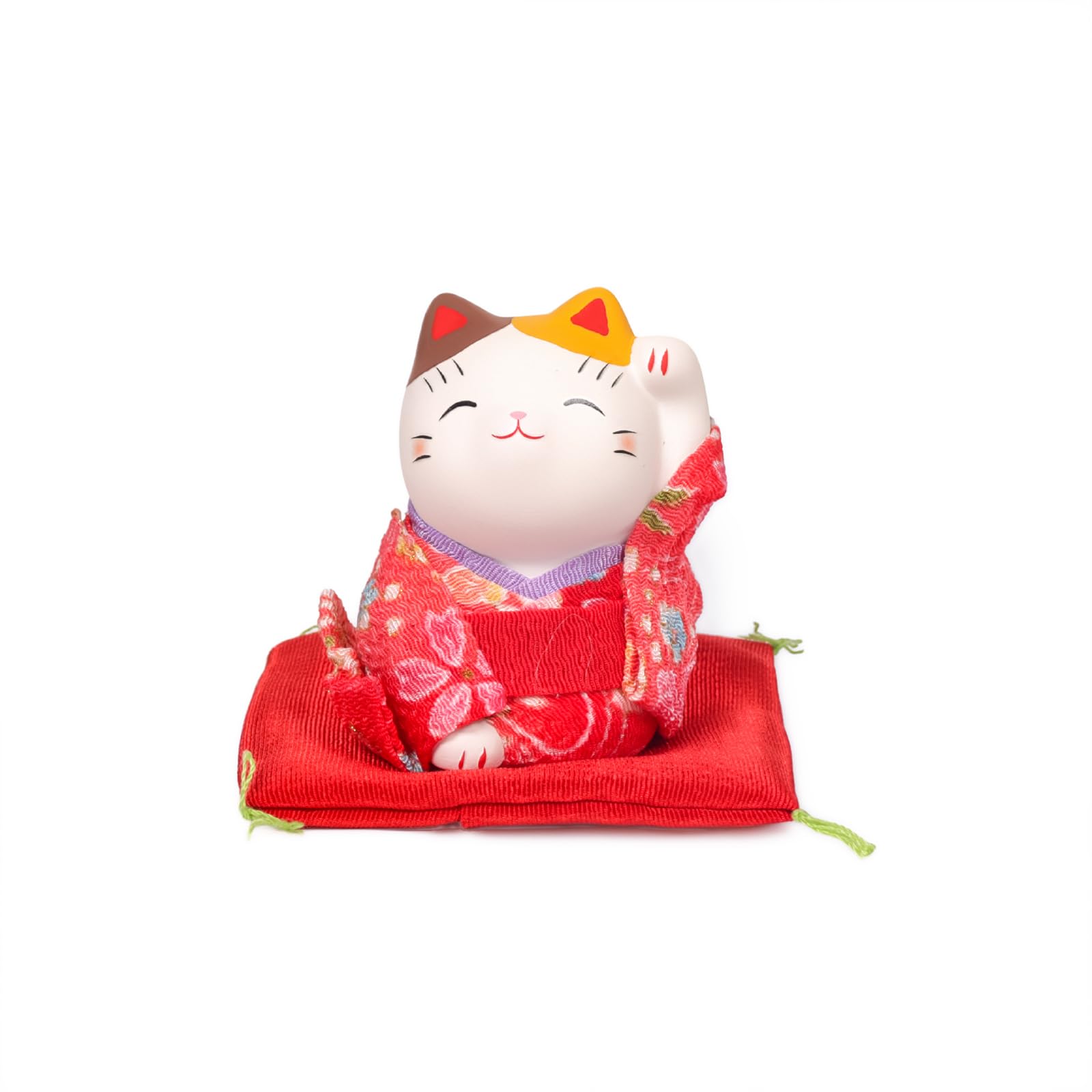 Yakushigama with left Chirimen small Porcelain lucky good interior Seto design lucky charm Maneki-neko (beckoning cat) paw, Nishiki-sai (brocade)
