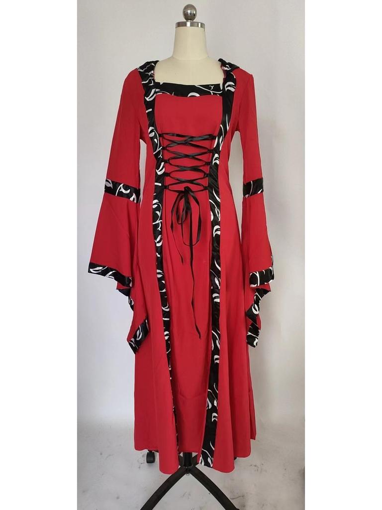 Mittelalterliches A-Linien-Langkleid mit hoher Taille, Kapuze und Schnürung, mit großem Schwingrock - Europäischer und amerikanischer Stil.