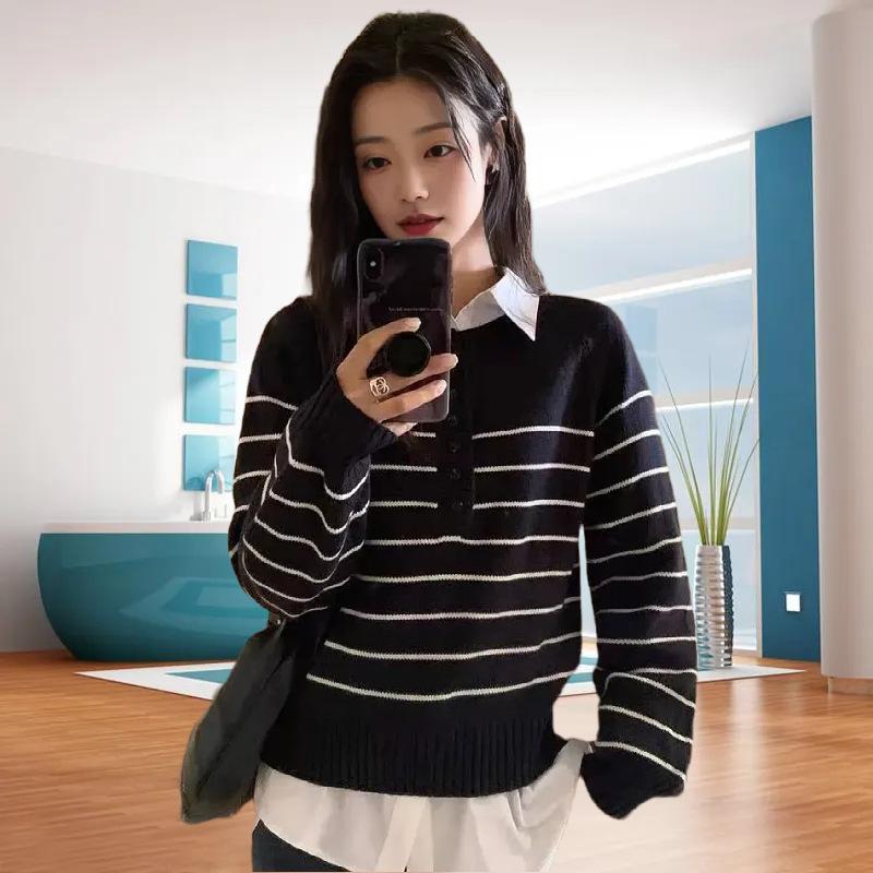 

Новый свитер пуловер с низким круглым вырезом, спущенным плечом, длинным рукавом, в полоску, свободного кроя, женский, повседневный, простой, вязаный топ, женский average size чёрный