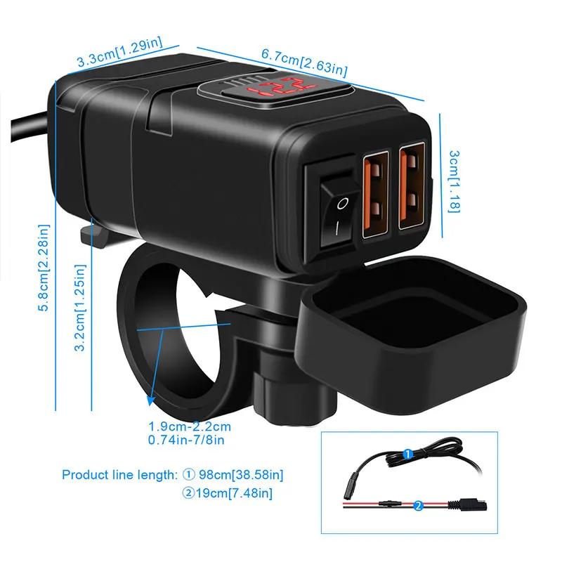 12V Motorcycle Dual USB Quick Charger QC3.0 Handlebar Fast Charging Waterproof Socket Adapter Digital Voltmeter ON OFF Switch
