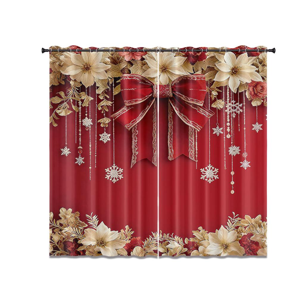 2pcs Christmas ball bow red printed blackout curtains multiple size living room insulation holiday decoration   machine washable