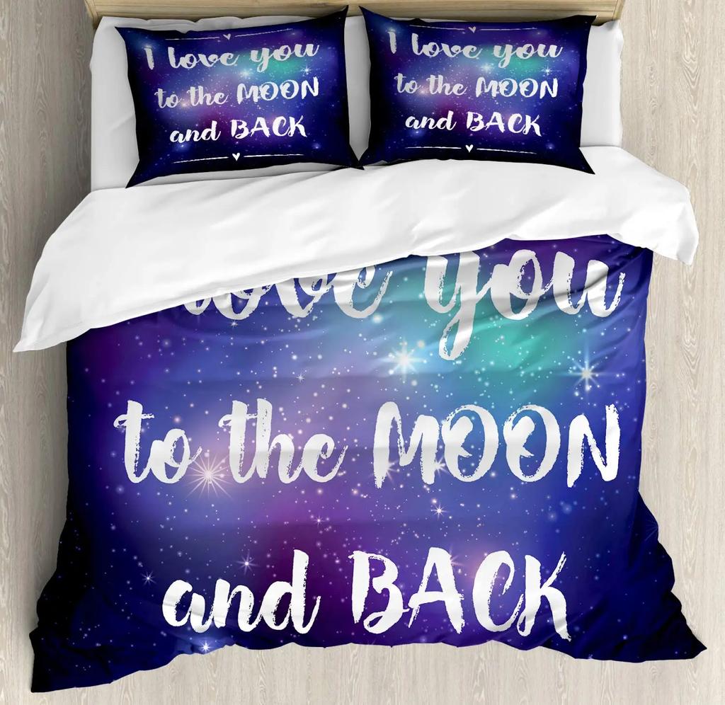 I Love You Duvet Cover Hand Drawn I Love You To The Moon and Back Words with Stars Celebration King Size Polyester Bedding Set