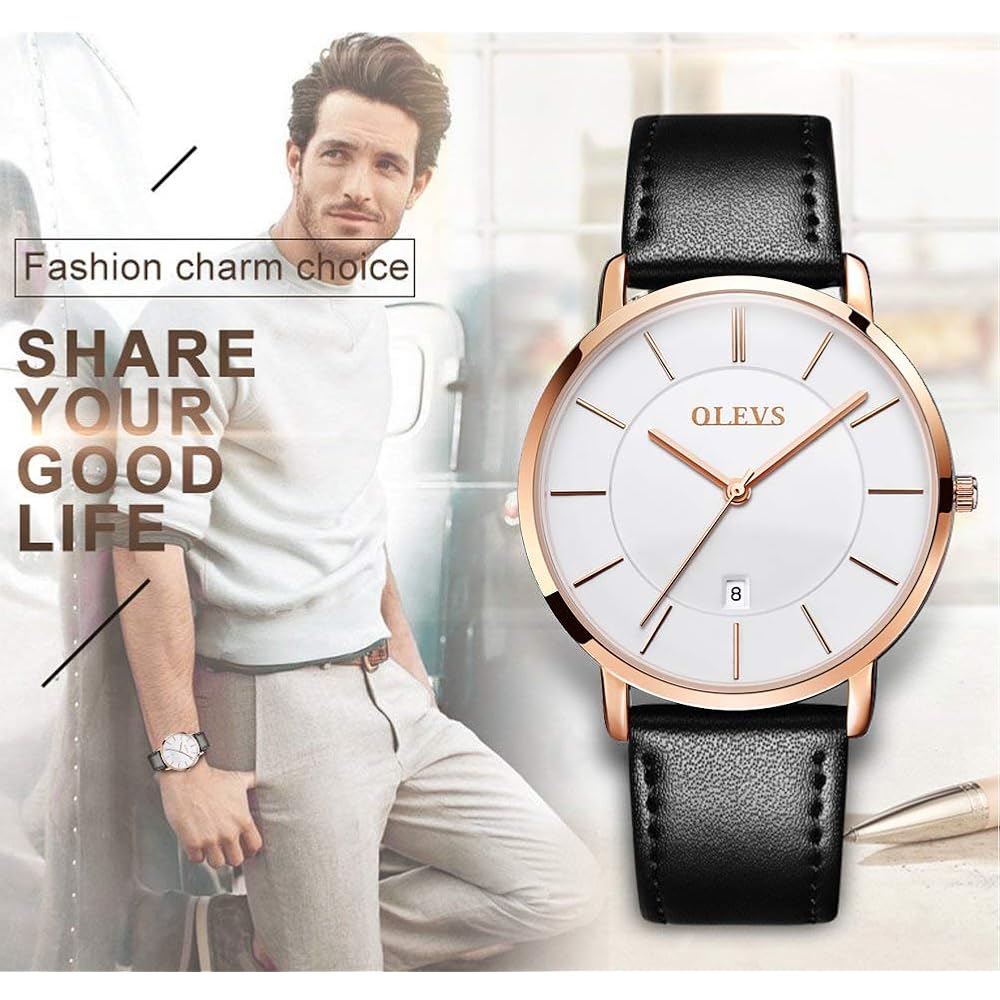 OLEVS Men's Minimalist Slim Fashion Analog Quartz Watch with Date Waterproof Large Dial Retro Leather Band 2XL