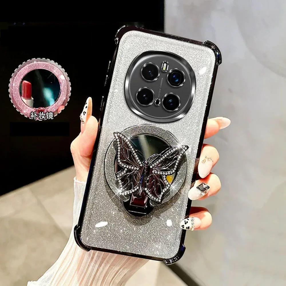 Mirror Butterfly Bracket Magnetic Holder Case for Xiaomi Redmi Note 14 13 12 Note14 Pro Plus 14S 14C 13C Shockproof Clear Cover