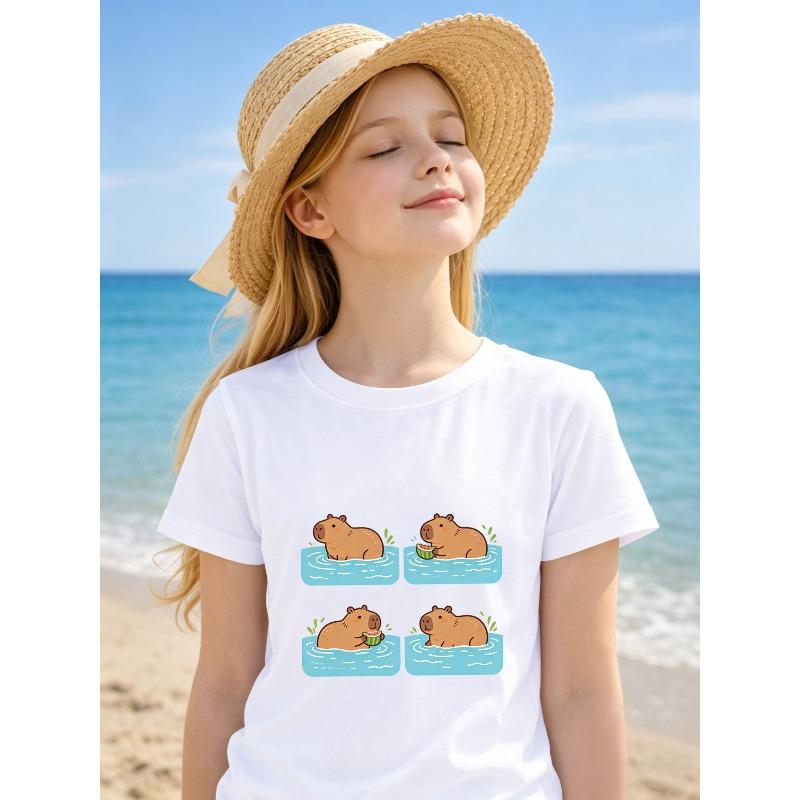 Girls Crewneck Summer T-Shirt, Capybara Water Play Eating Watermelon Print 110