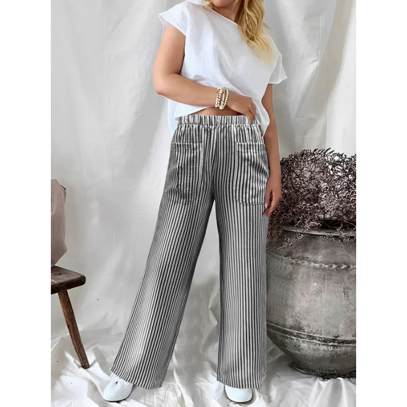 2025 New Autumn and Winter Women's Loose Striped Pocket Fashion Casual Wide Leg Pants for Women