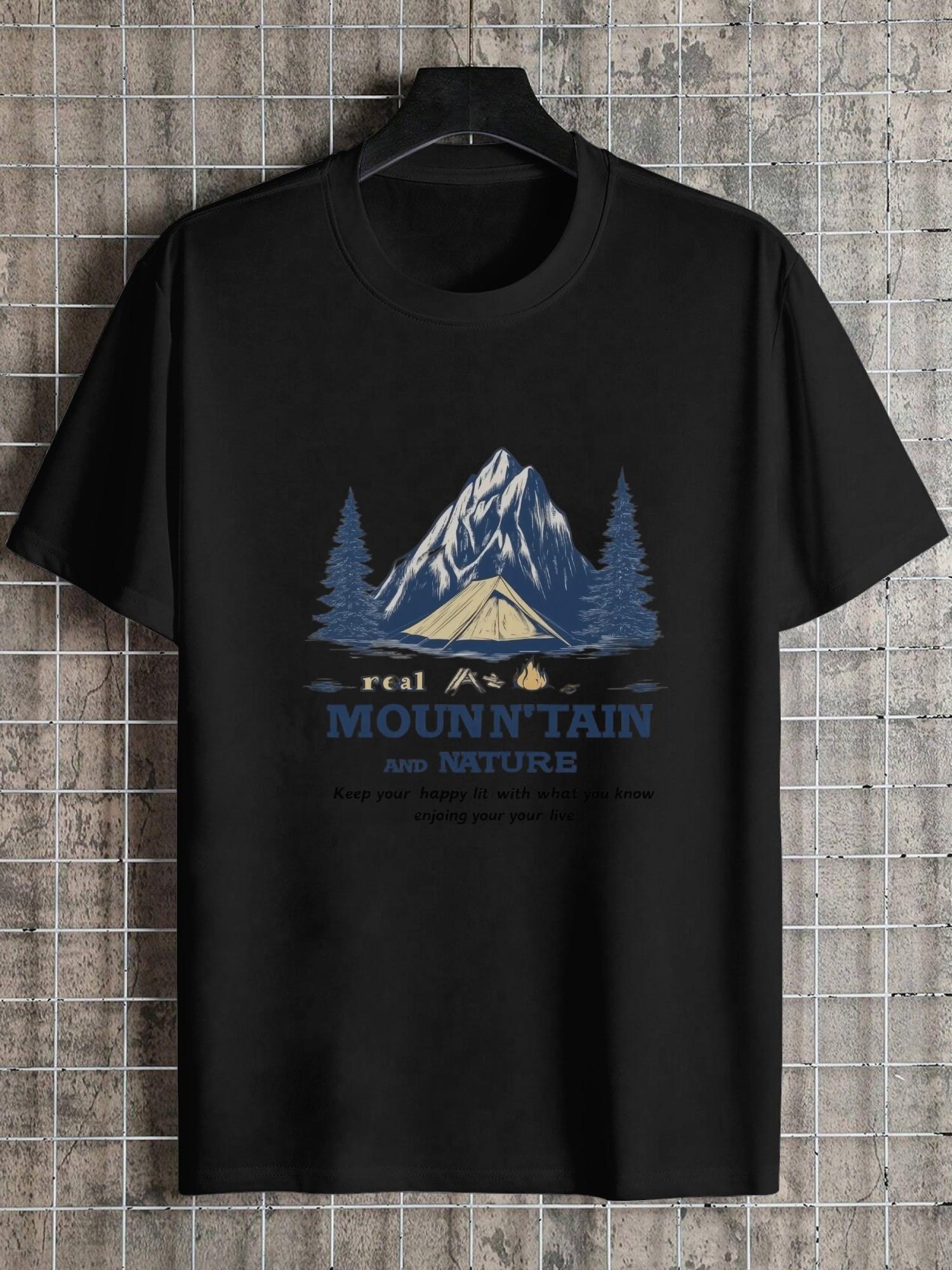 1pc Mountain & Nature Adventure Graphic T-shirt - 180g Cotton Crew Neck Short Sleeve Tee with Real Mountain Quote & Geometric Print XXXXL